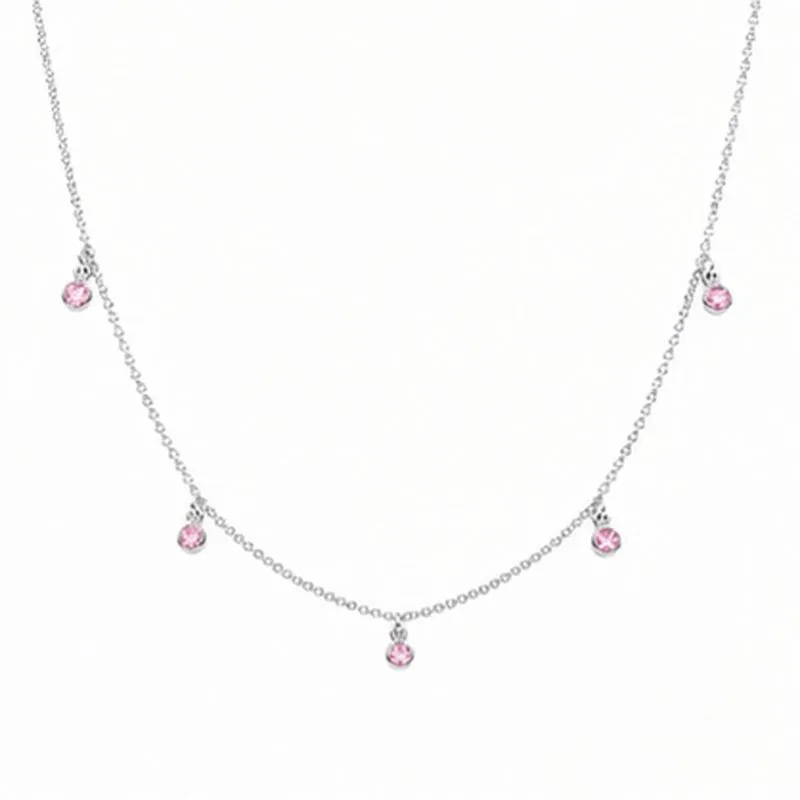 Colar Choker 5 Pedras Rosas Prata 925 com Zircônias - 40 cm + 3 cm (Alongador)