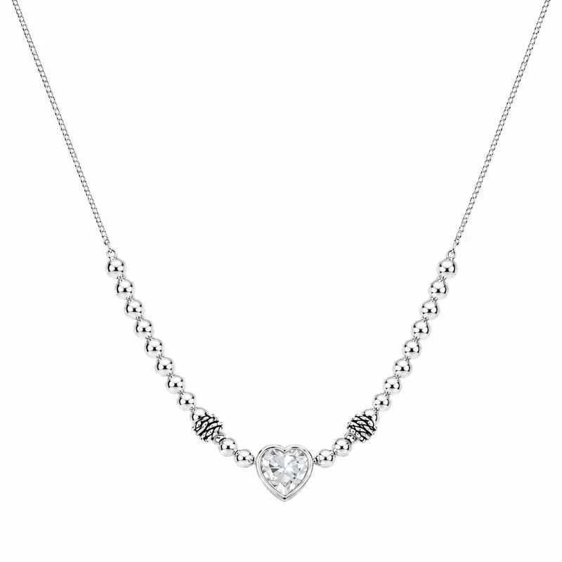 Colar Choker Ponto de Luz Coração e Bolinhas Lisas com Detalhes em Prata Envelhecida com Zircônias - 30 cm + 12 cm (Alongador)