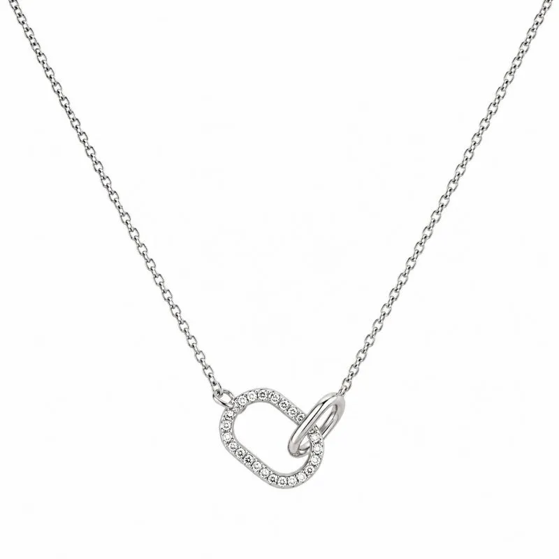 Colar Elos Cravejado e Liso Prata 925 Banhado a Ródio 40 cm + 3 cm (Alongador)