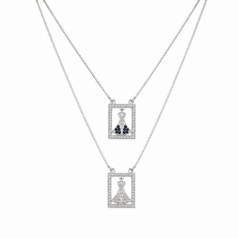 Colar Escapulário Nossa Senhora Cravejado Prata 925 com Zircônias Azuis e Brancas - 60 cm