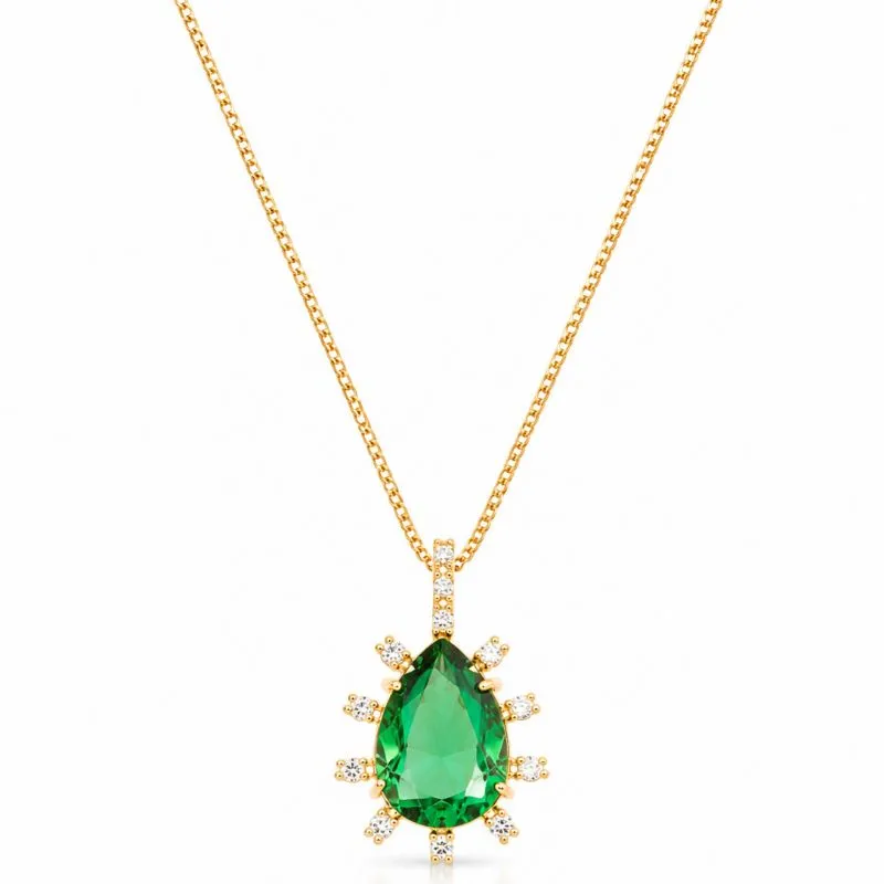 Colar Gota Esmeralda Borda com Pedras Banhado a Ouro 18k com Zircônias - 40 cm + 5 cm (Alongador)