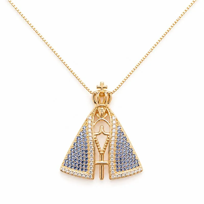 Colar Nossa Senhora com Pedras Azuis Banhada a Ouro 18k com Zircônias - 40 cm + 4 cm (Alongador)