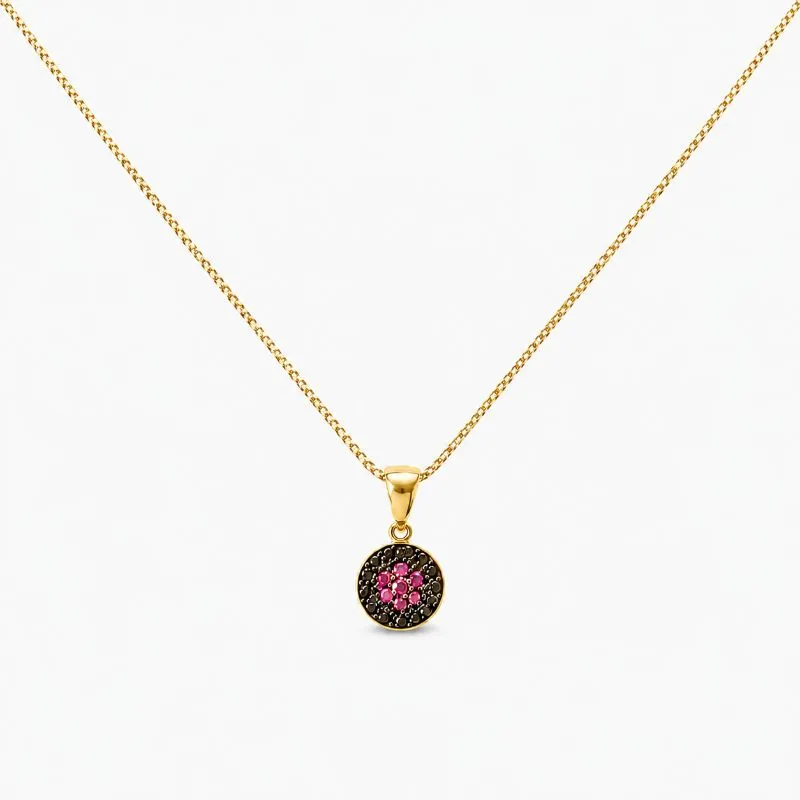 Colar Pingente Cravejado em Pedras Pretas com Flor Central Rosa Banhado a Ouro 18k com Zircônias - 40cm