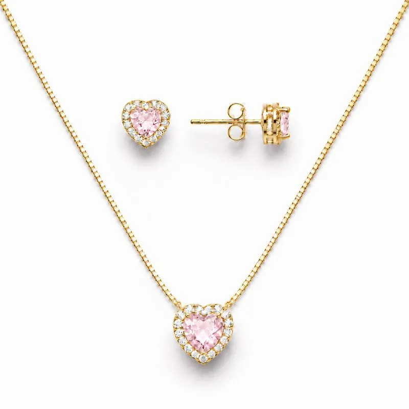 Conjunto Coração Rosa Borda Cravejada Banhado a Ouro 18k com Zircônias - 8 mm, 6mm