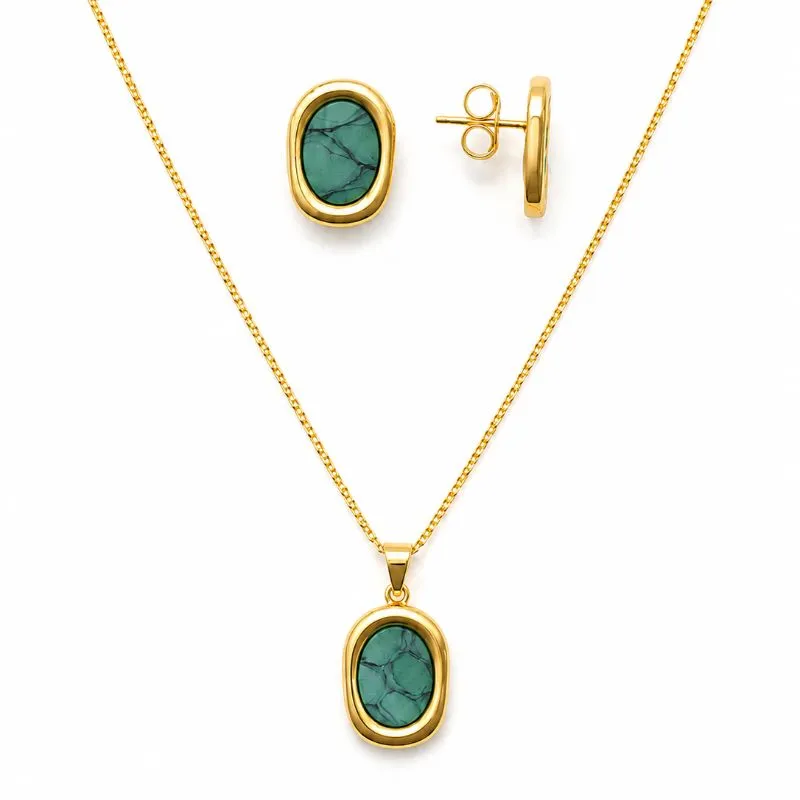Conjunto Orgânico Detalhe em Couro Turquesa Banhado a Ouro 18k - 1,7 mm