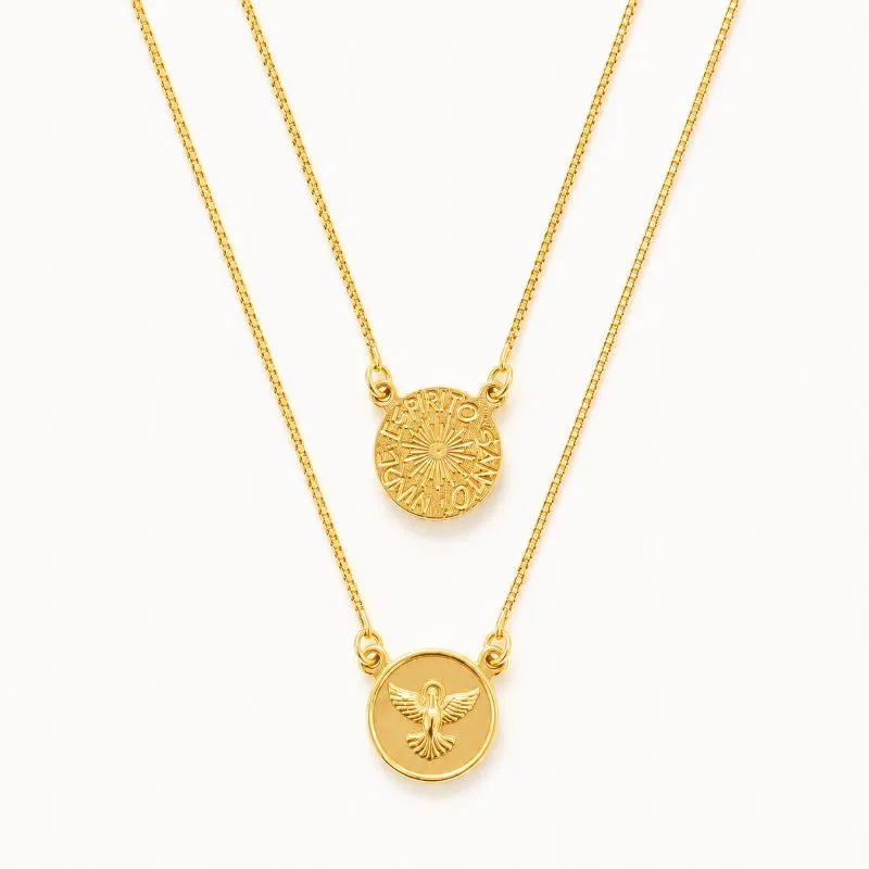 Corrente Escapulário Medalha Espírito Santo Dupla Face Banhada a Ouro 18k - 68 cm