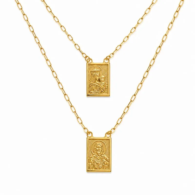 Corrente Escapulário Dupla Face Sagrado Coração de Jesus/Nossa Senhora do Carmo Banhado a Ouro 18k - 65 cm