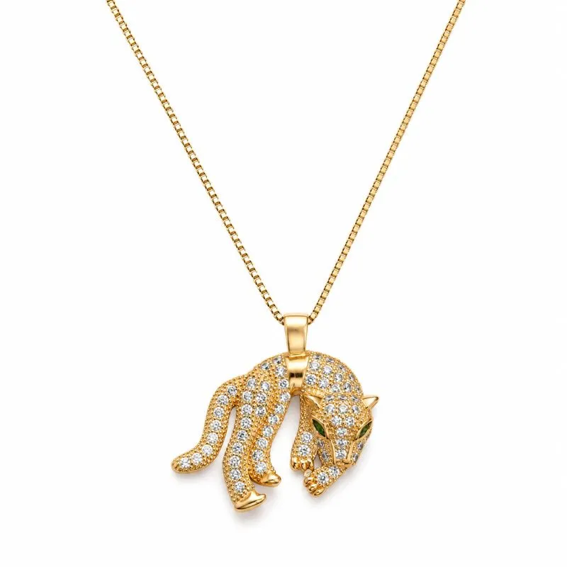 Colar Pantera Cravejada Olhos Verdes Banhado a Ouro 18k com Zircônias - 40 cm + 4 cm (Alongador)