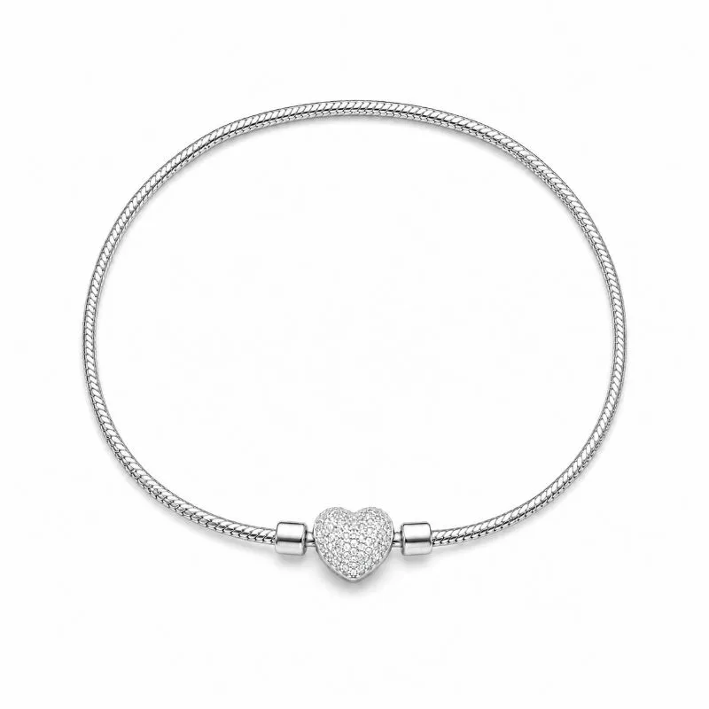 Pulseira Pandora com Fecho de Coração Cravejado Prata 925 com Zircônias - 17 cm