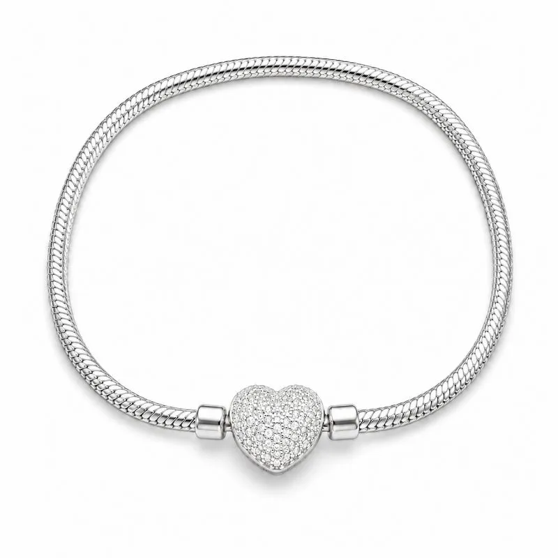 Pulseira Pandora com Fecho de Coração Cravejado Prata 925 com Zircônias - 19 cm
