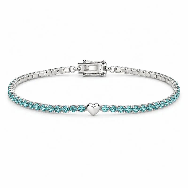 Pulseira Riviera Azul Turquesa 2 mm Coração Liso Prata 925 Fecho Gaveta - 19 cm