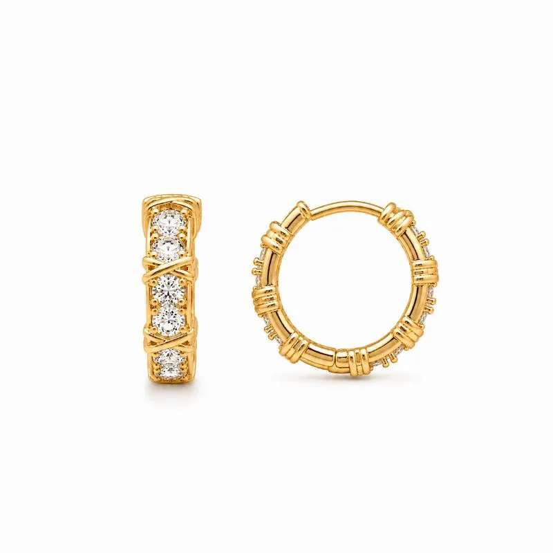 Brinco Argola X Liso + Pedras Intercaladas Banhado a Ouro 18k com Zircônias - 1,6 cm