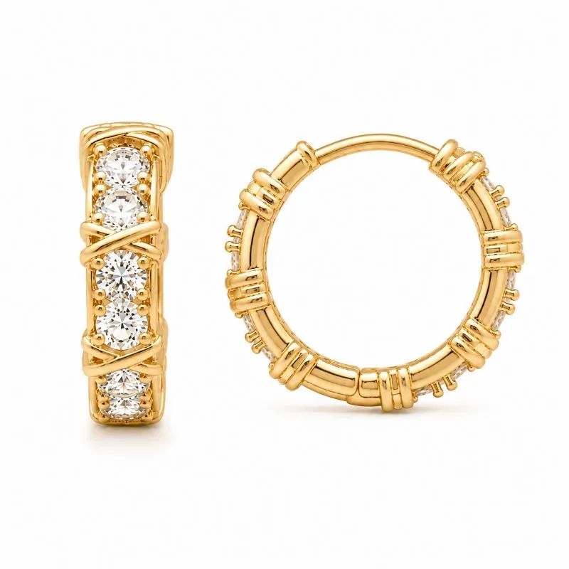 Brinco Argola X Liso + Pedras Intercaladas Banhado a Ouro 18k com Zircônias - 1,9 cm