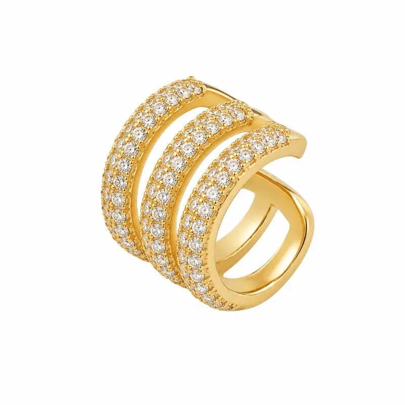 Brinco Cartilagem Piercing Fake 3 Linhas Cravejada Banhado a Ouro 18k - 1,3 cm