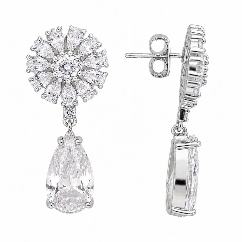 Brinco Pendente Flor e Gota Cravejado Folheado a Prata com Zircônias - 4,2 cm