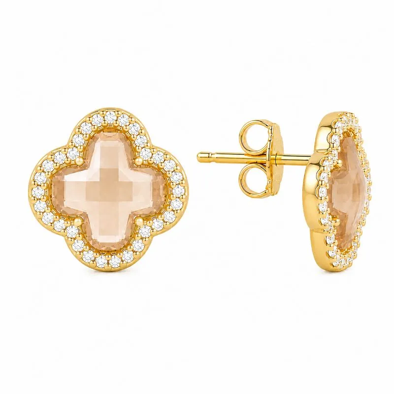 Brinco Trevo Cor Pêssego Lapidação Xadrez Borda Cravejada Banhado a Ouro 18k com Zircônias - 1,2 cm