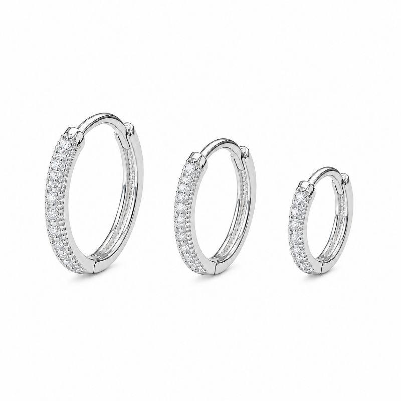 Brinco Trio de Argolas com Frente Cravejada Prata 925 com Zircônias - 1,4 cm, 1,2 cm, 1 cm