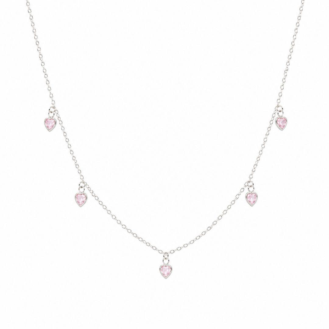 Colar Corações Rosa Prata 925 com Zircônias - 40 cm + 2,5 cm (Alongador)
