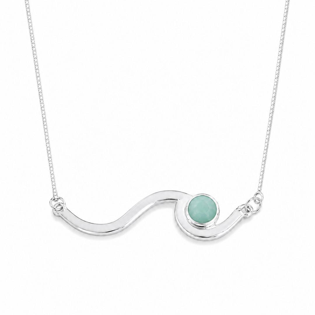 Colar Onda com Pedra Turquesa Prata 925 com Zircônia - 40 cm + 3 cm (Alongador)