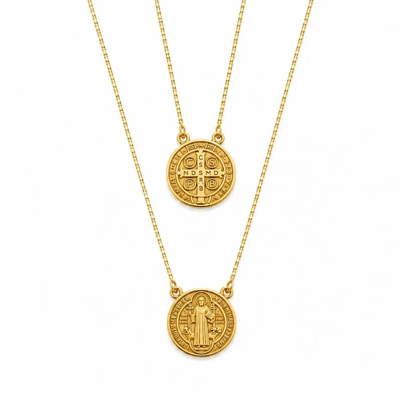 Corrente Escapulário São Bento Dupla Face Banhado a Ouro 18k - 66 cm