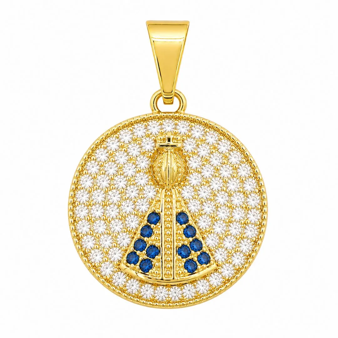 Pingente Medalha Cravejada Nossa Senhora com Pedras Azuis Banhada a Ouro 18kcom Zircônias - 1,6cm