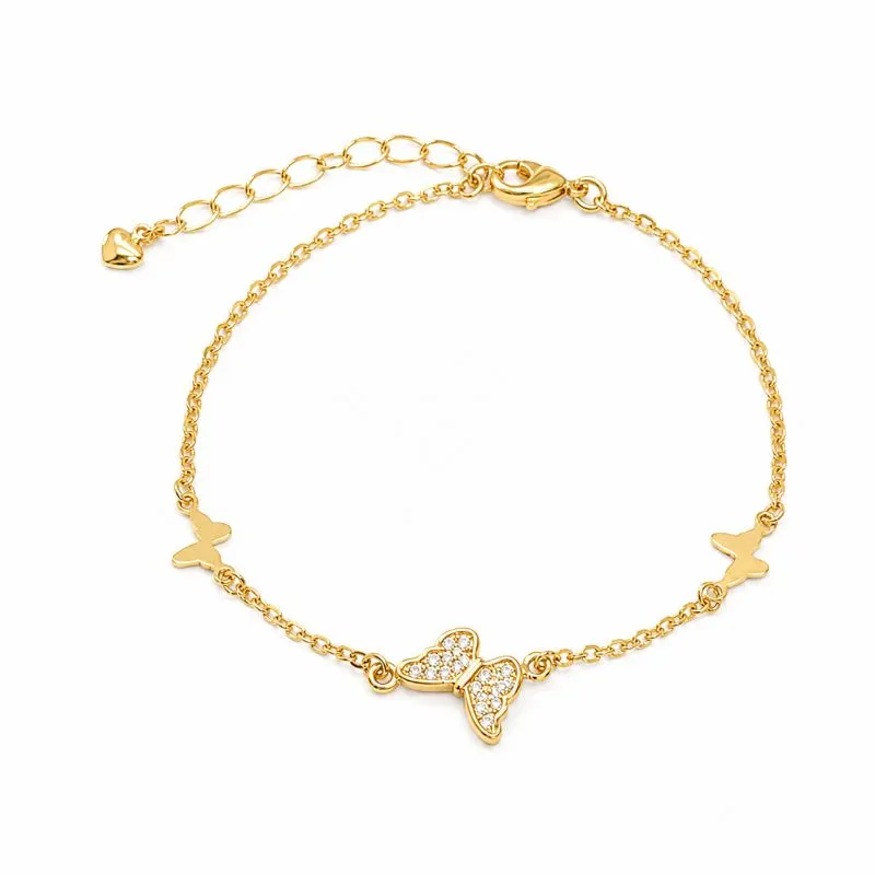 Pulseira Borboletas Lisa e Cravejada Banhada a Ouro 18k com Zircônias - 17 cm + 4 cm (Alongador)