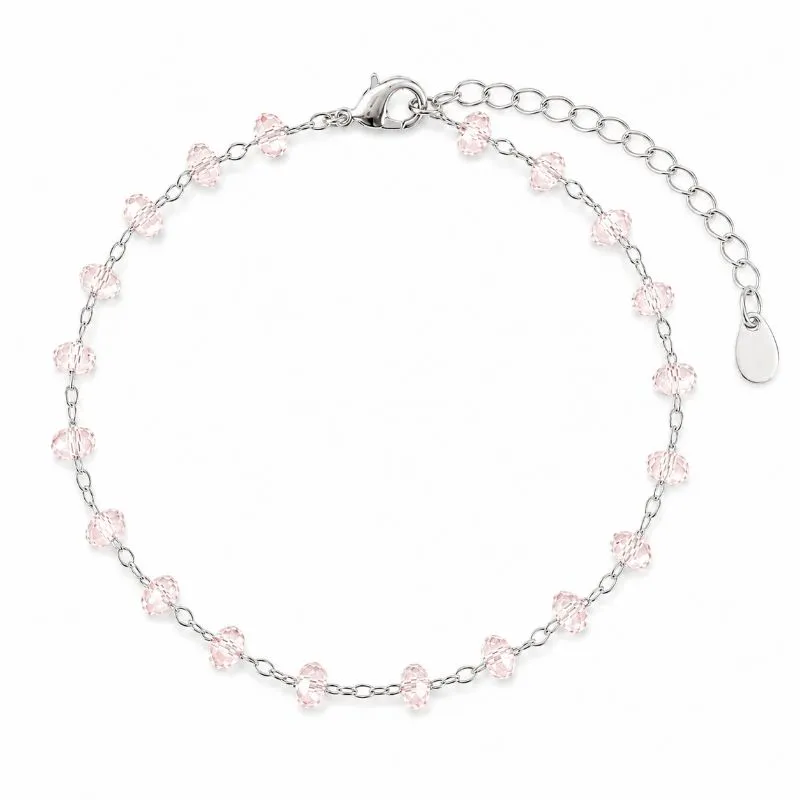 Pulseira com Cristais Rosas Folheada a Prata - 16 cm + 4 cm (Alongador)
