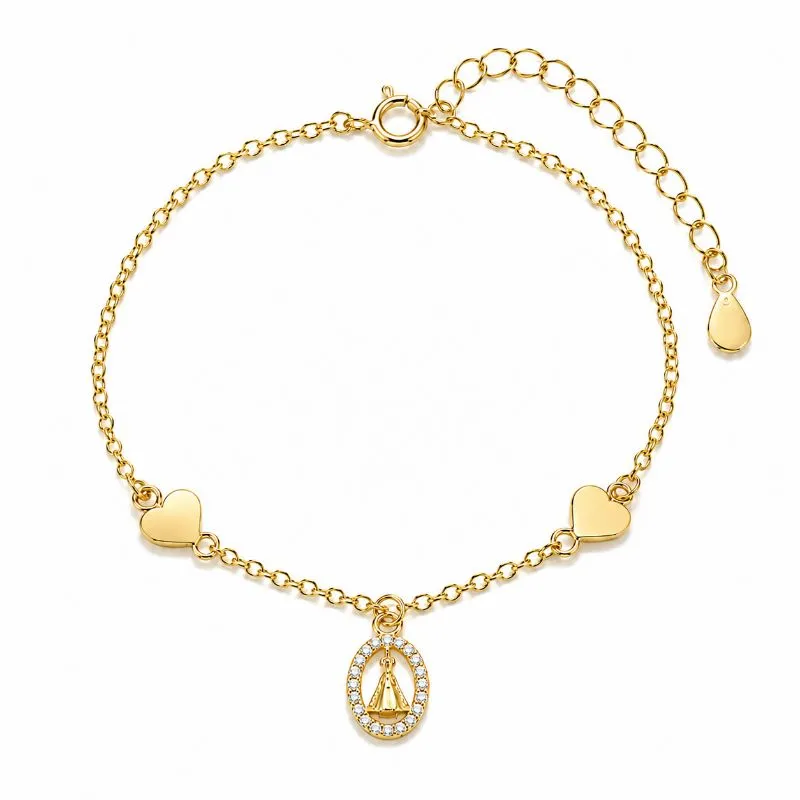 Pulseira Coração Liso e Nossa Senhora com Borda Cravejada Banhada a Ouro 18k com Zircônias - 15 cm + 5 cm (Alongador)