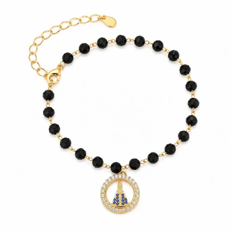 Pulseira Cristais Pretos Pingente Nossa Senhora Cravejado Banhada a Ouro 18k com Zircônias - 16 cm + 4,5 cm (Alongador)