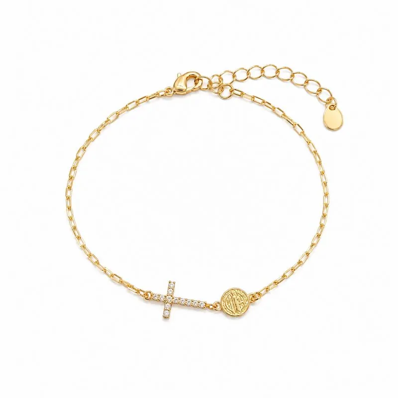 Pulseira Elo Corrente Medalha São Bento e Cruz Cravejada Banhada a Ouro 18k com Zircônias - 16 cm + 4 cm (Alongador)