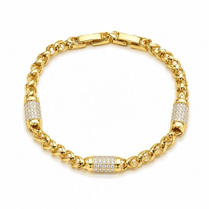 Pulseira Elo Franco com Cilindros Cravejado Banhada a Ouro 18k com Zircônias - 17,5 cm + 2 cm (Fecho Integrado)