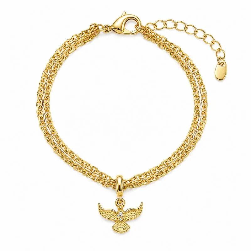 Pulseira Espirito Santo Dupla Detalhe em Pedra Banhado a Ouro 18k - Tam. 16,5 + 4 cm (Alongador)
