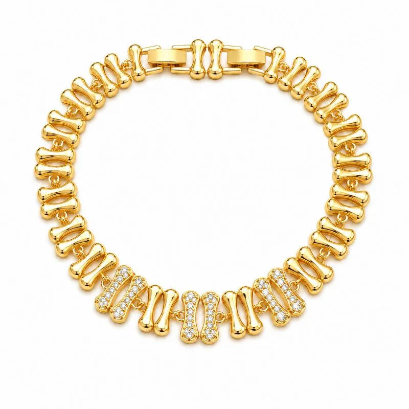 Pulseira Estilo Ossos Lisos e Cravejados Banhado a Ouro 18k com Zircônias Fecho Dobrável - 17,5 cm + 2 cm (Fecho Integrado)