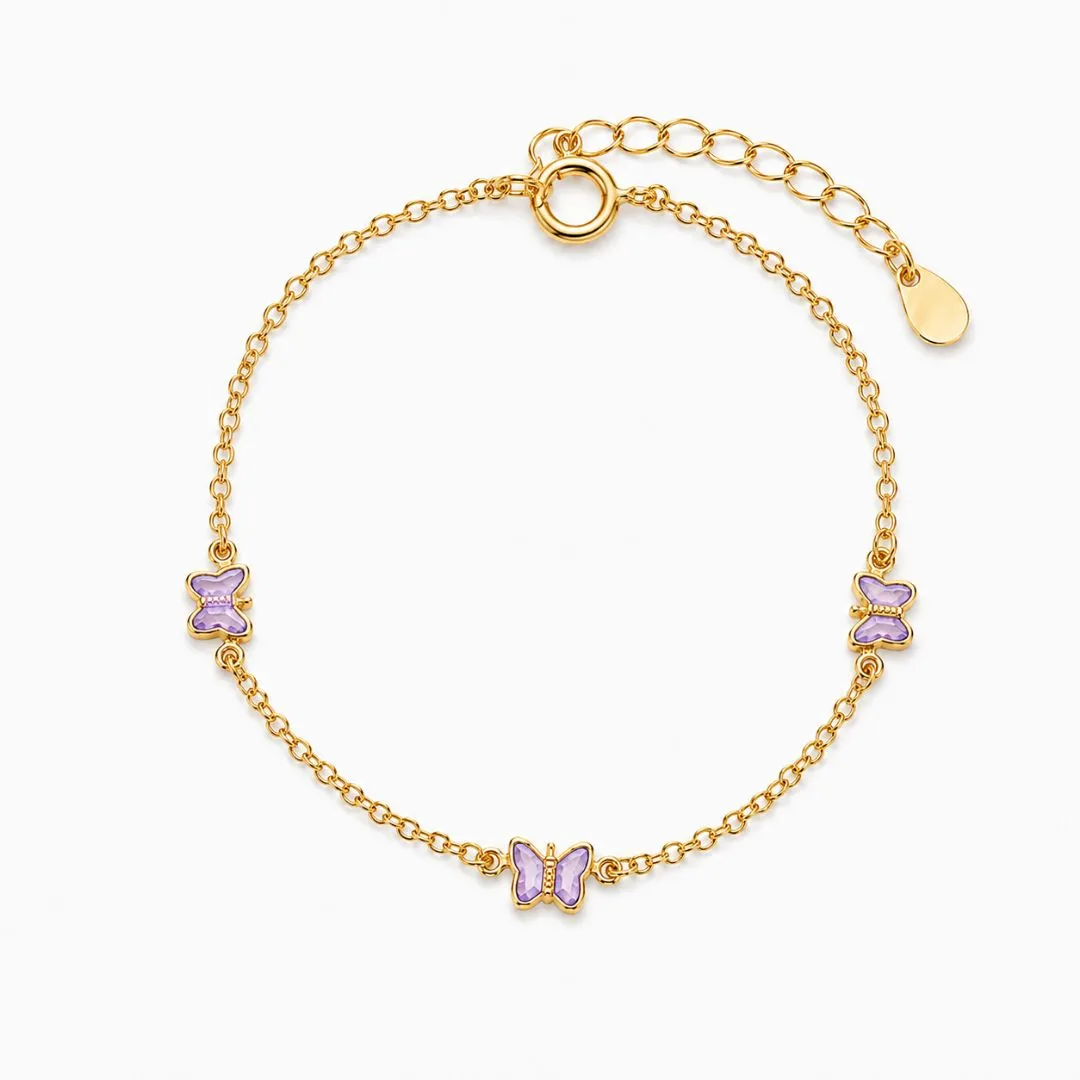 Pulseira Infantil 3 Borboletas Lilás Banhada a Ouro 18k com Zircônia Lilás -13,5 cm + 3 cm (Alongador)
