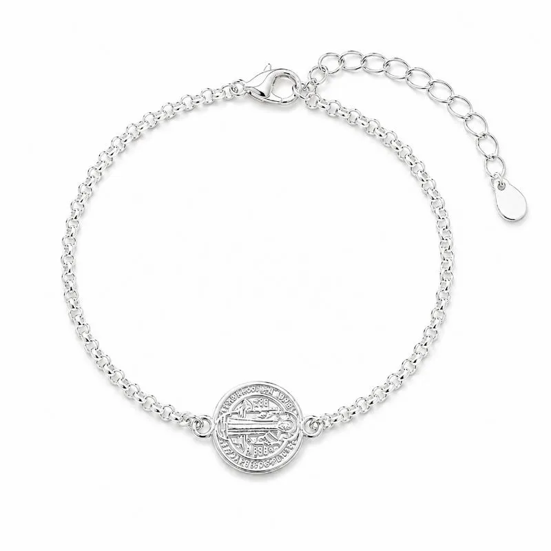 Pulseira Medalha Dupla Face São Bento Folheada a Prata - 15,5 cm + 3,5 cm (Alongado)