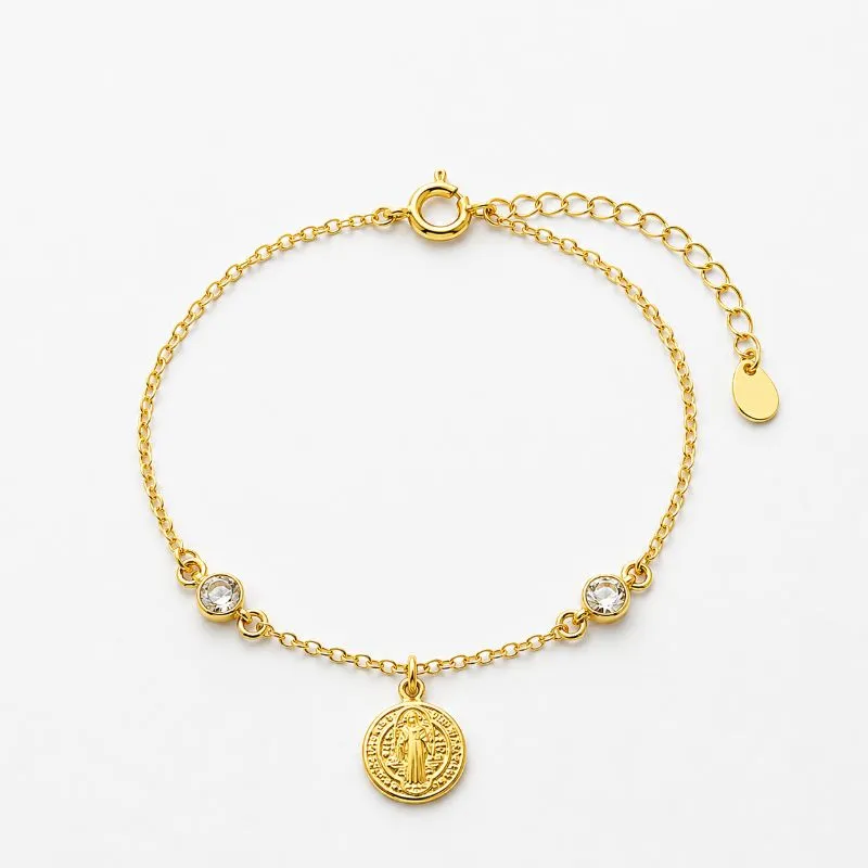 Pulseira Medalha São Bento e Ponto Luz Banhada a Ouro 18k com Zircônias - 15,5 cm + 3 cm (Alongador)