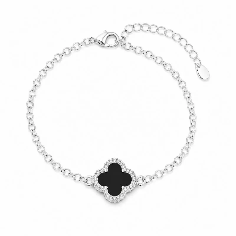 Pulseira Trevo Preto Borda Cravejada Mini Elo Português Folheada a Prata com Zircônias - 16 cm + 4 cm (Alongador)