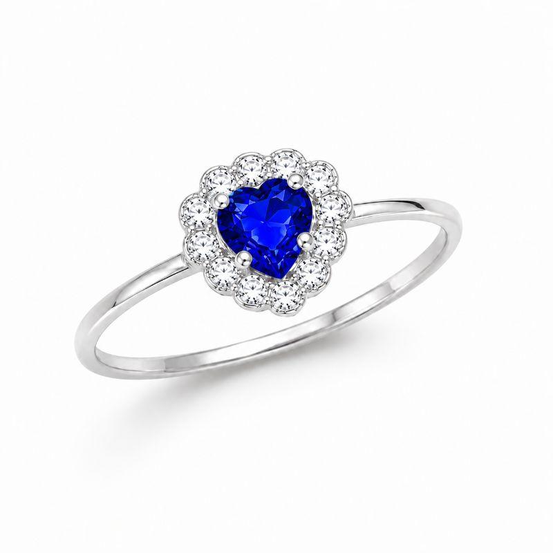 Anel Coração Azul Borda Cravejada Prata 925 com Zircônias - Tam. 22