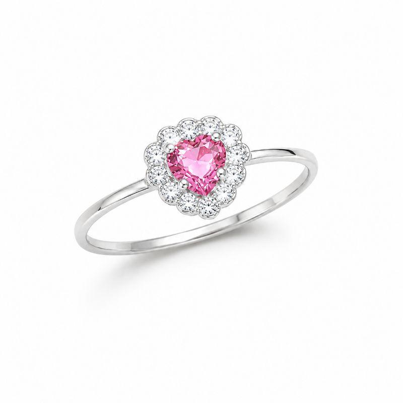 Anel Coração Rosa Borda Cravejada Prata 925 com Zircônias - Tam. 20