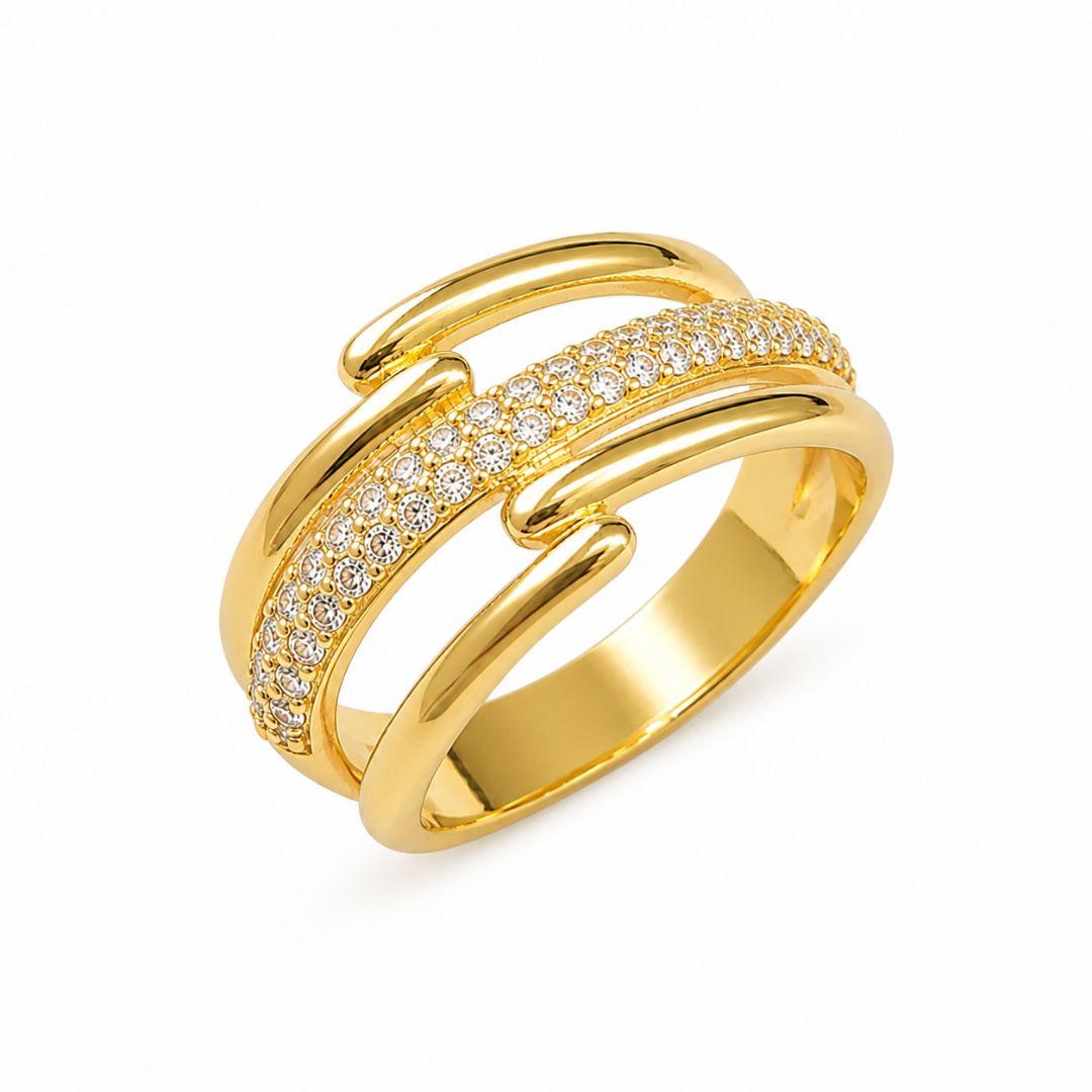 Anel Múltiplas Linhas com Linha Central Cravejada Banhado a Ouro 18k com Zircônias - Tam. 21