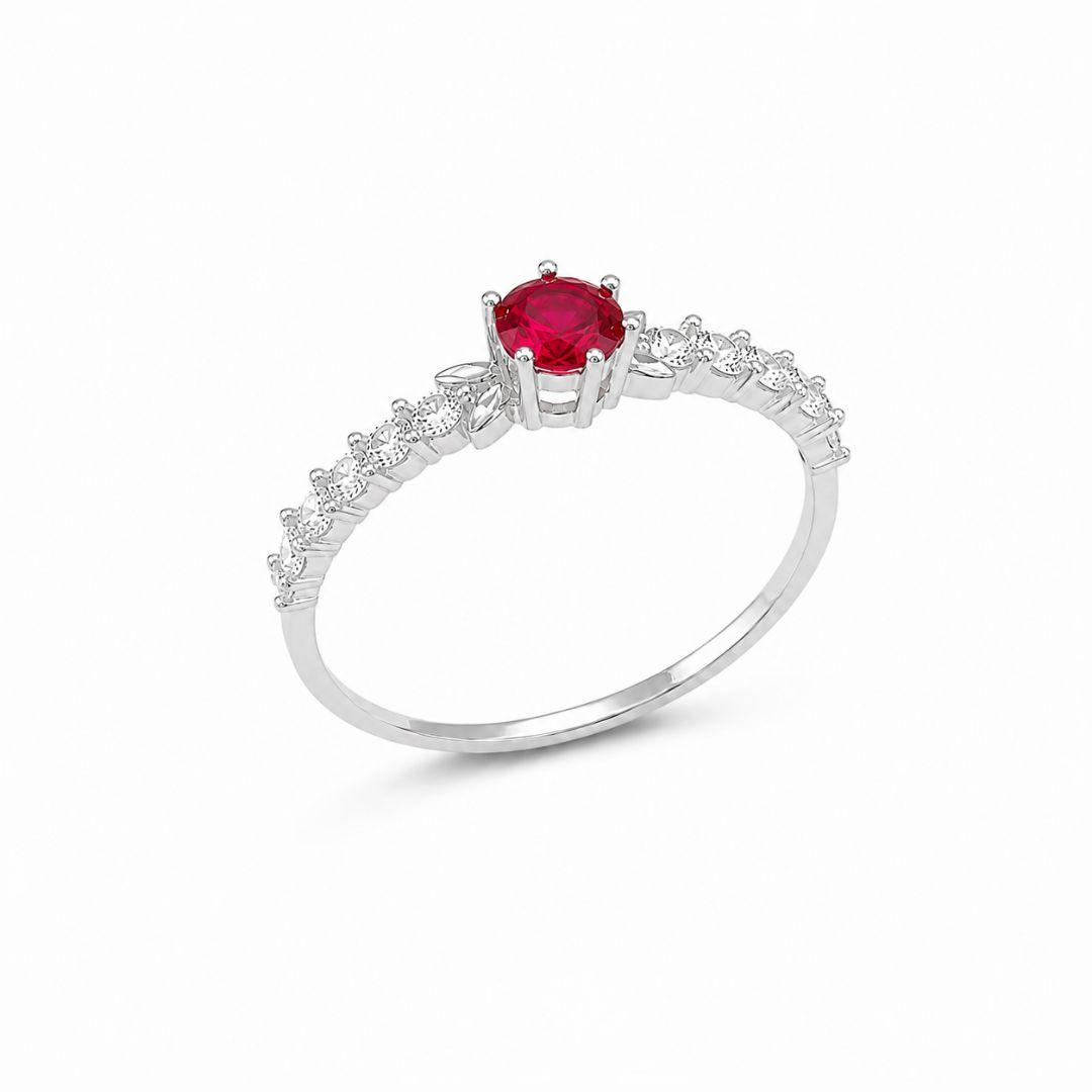 Anel Solitário Vermelho Aro Cravejado Prata 925 com Zircônias