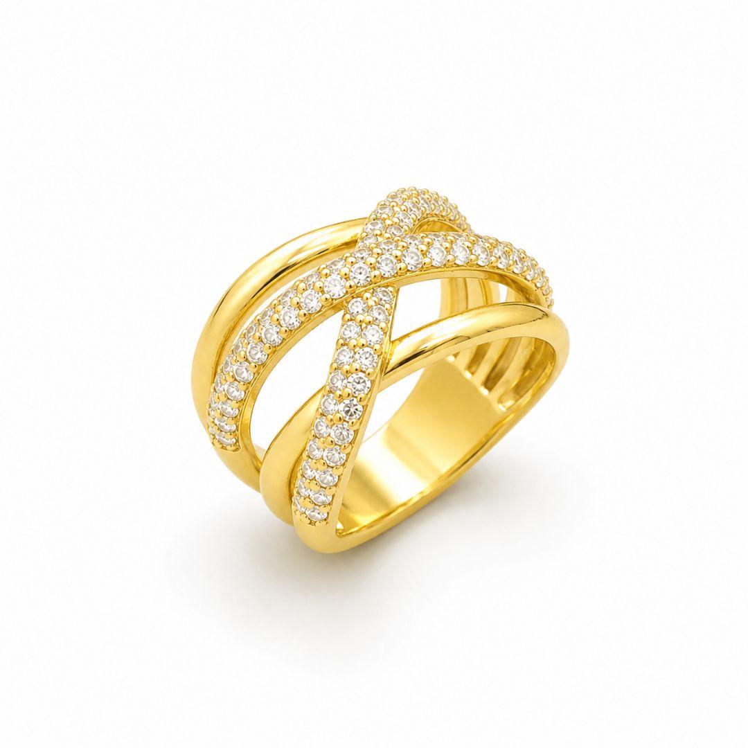Anel Trançado Linhas Lisas e Cravejadas Banhado a Ouro 18k com Zircônias - Tam. 23