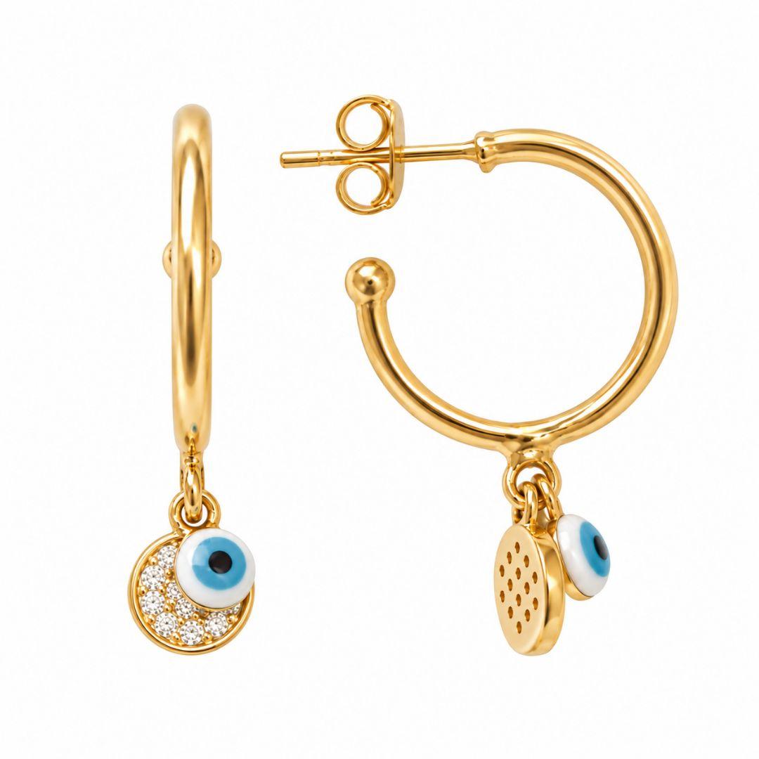 Brinco Argola Aberta Olho Grego e Circulo Cravejado Banhado a Ouro 18k com Zircônias - 1,8 cm