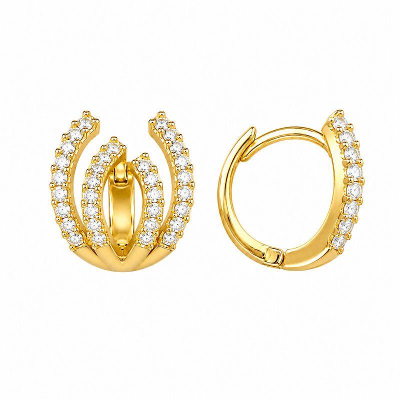 Brinco Argola Click Estilo Ear Cuff Garra Cravejado Banhado a Ouro 18k com Zircônias - 1,3 cm