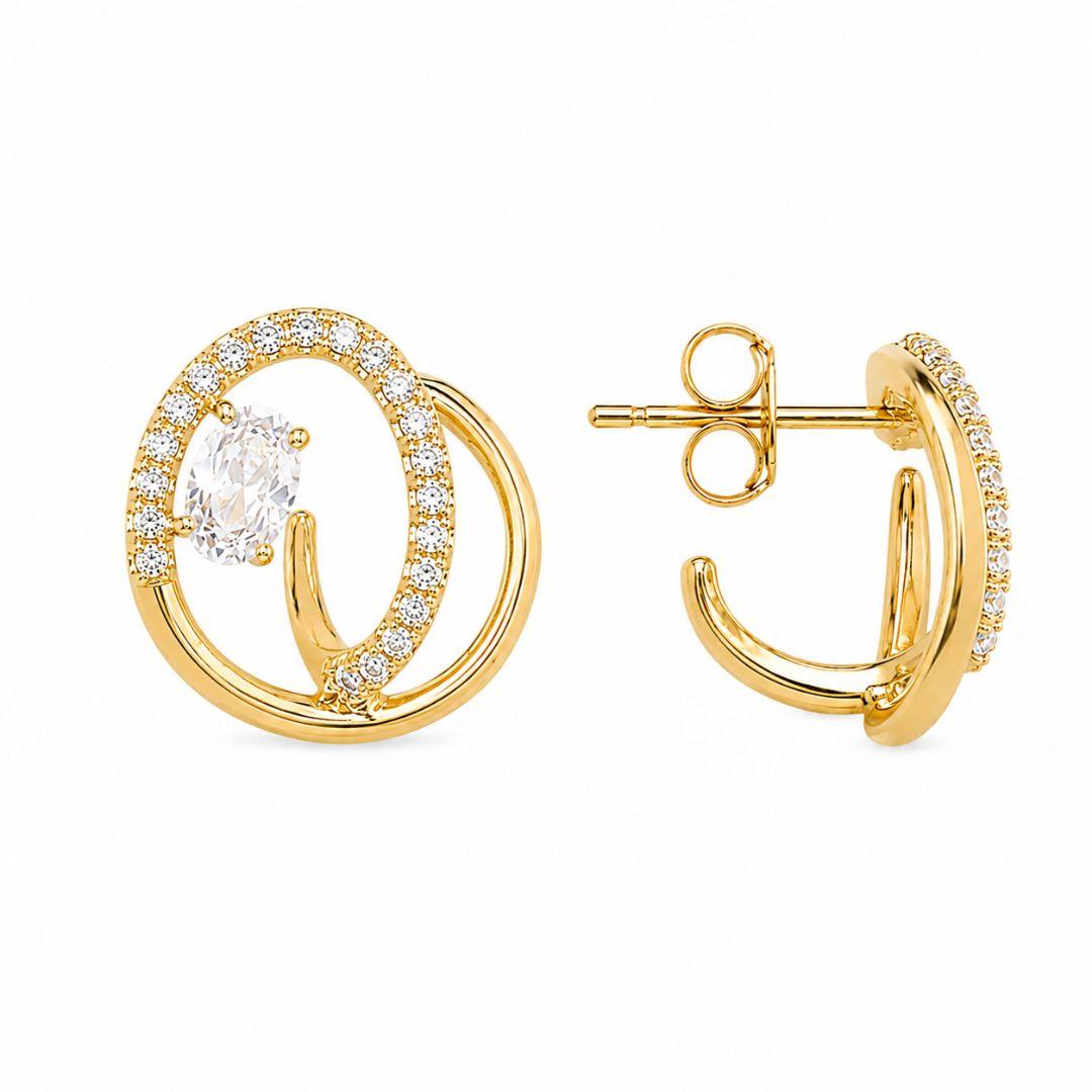 Brinco Aro Duplo Liso e Cravejado com 1 Pedra Oval Banhado Ouro 18k com Zircônias - 2,2 cm