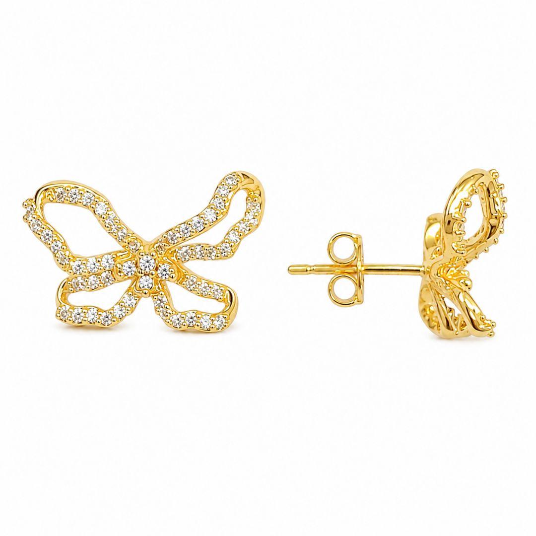 Brinco Borboleta Laço Orgânico Cravejado Banhado a Ouro 18k com Zircônias - 1,8 cm
