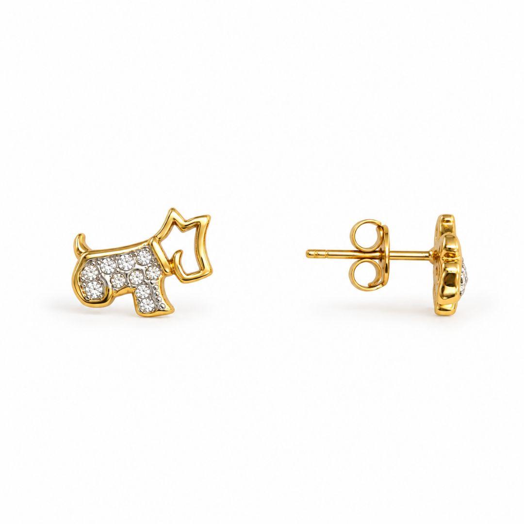 Brinco Cachorro com Pedras e Detalhe com Banho em Ródio Banhado a Ouro 18k com Zircônias - 1 cm