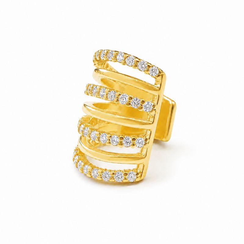 Brinco Cartilagem Earcuff Linhas Lisa e Cravejada Banhado a Ouro 18k com Zircônias - 1,4 cm