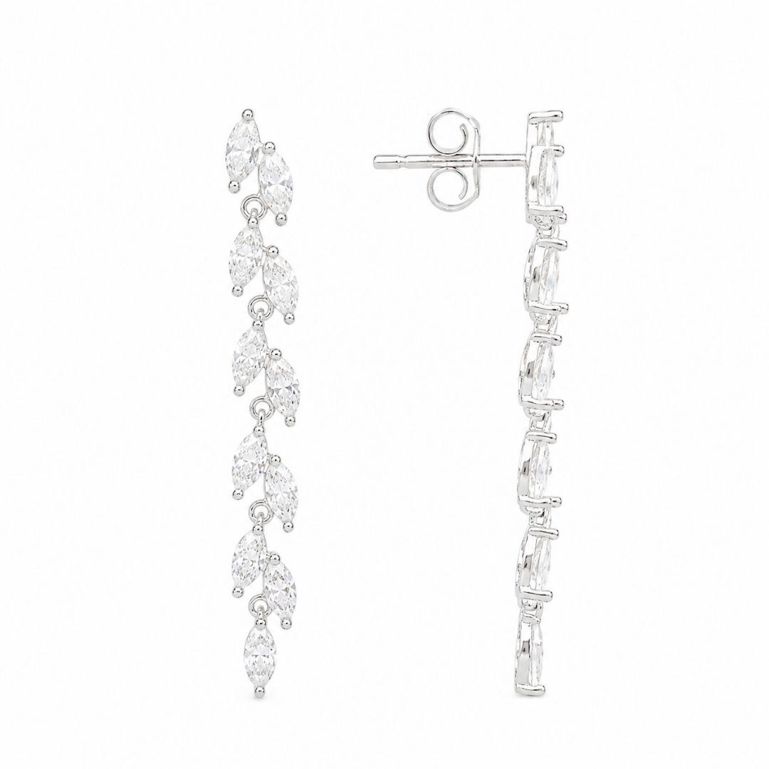 Brinco Cascata de Folhas Pedras Navete Prata 925 com Zircônias - 4,5 cm