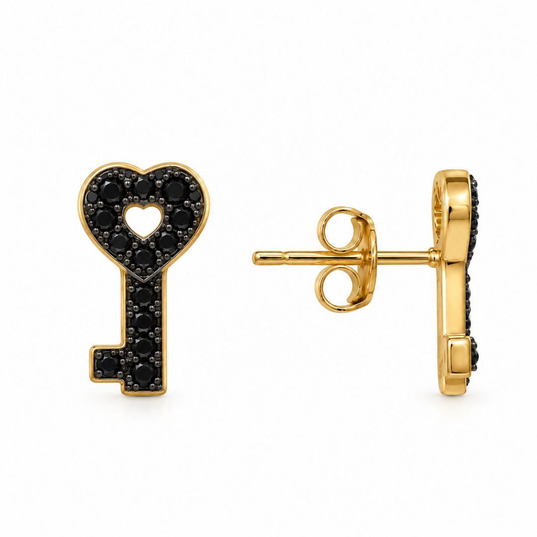 Brinco Chave Cravejada com Ródio Negro Banhado a Ouro com Zircônias - 1 cm